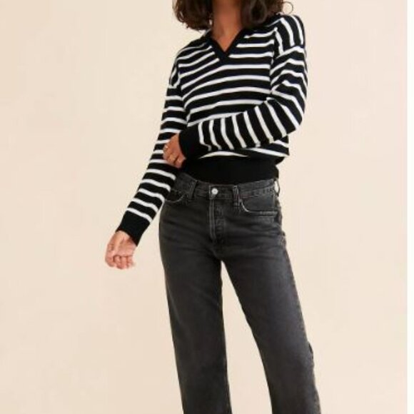 Flat White Blue Striped Polo Knit Sweater - Picture 2 of 5
